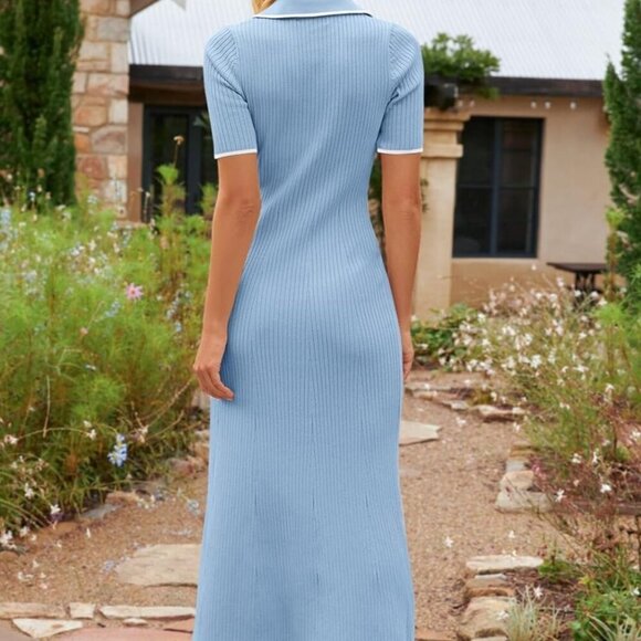 AMAZON - MEROKEETY | Ribbed Knit Polo Button Dress | Sky Blue | Size L | NWT - Picture 5 of 10